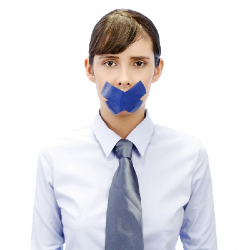 Business woman with a secret and her mouth taped shut because she is an impostor
